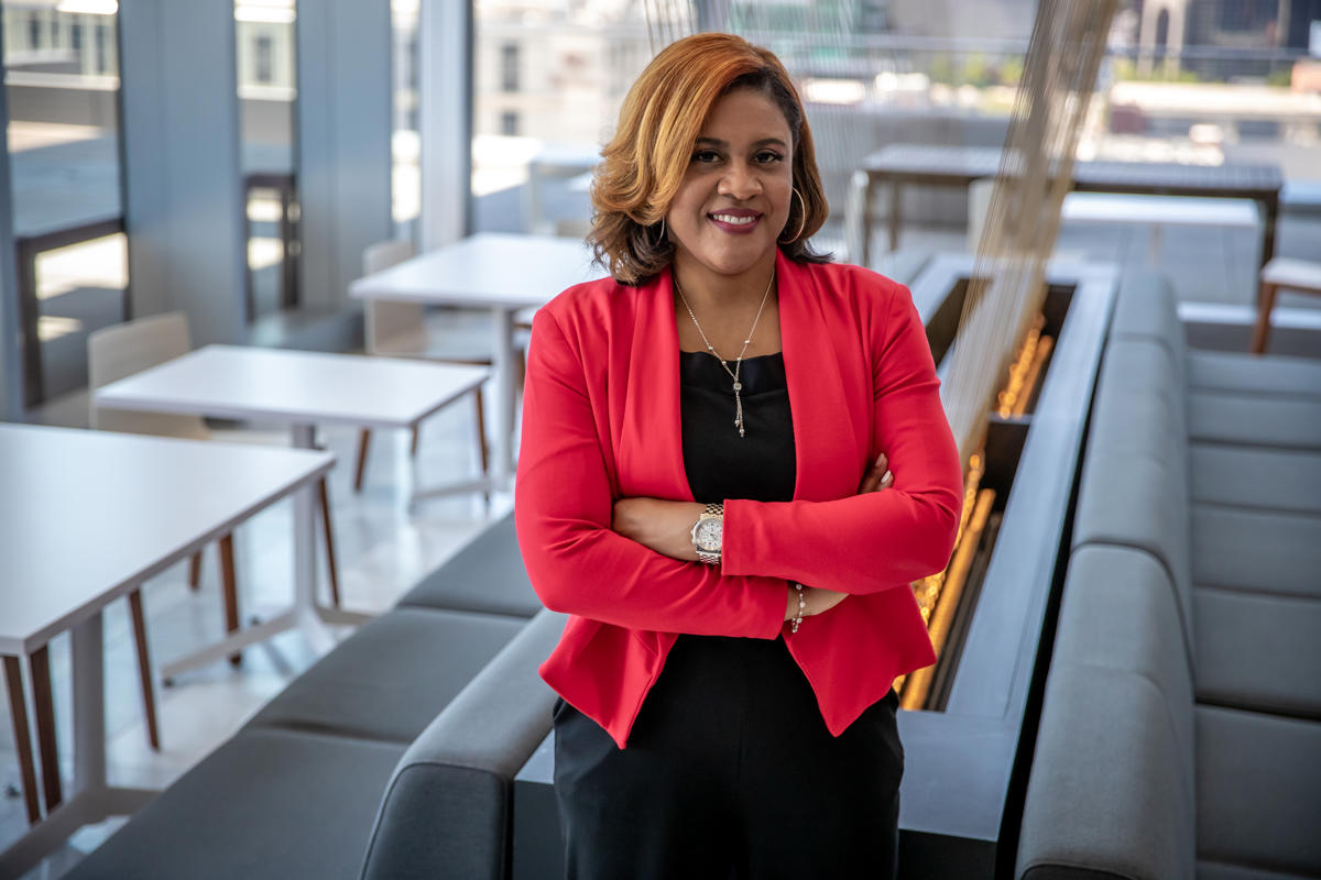 a woman in a red jacket